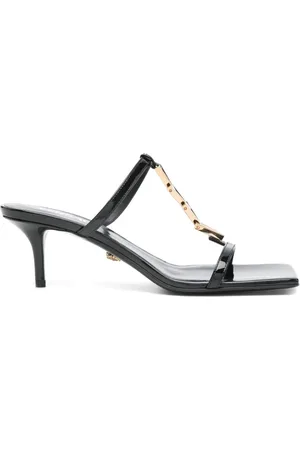 VERSACE Schoenen, Dames, Zwart, 36 EU, Zwarte leren sandalen met middelhoge hak