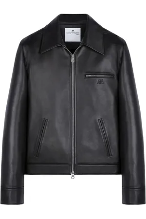Courrèges Jassen, Heren, Zwart, L, Leer, Leren Jas met Logo Patch en Ritssluiting