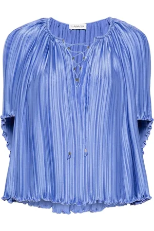 Lanvin Blouses & Shirts, Dames, Blauw, L, Charmeuse Plissé Effect Blouse met Ronde Hals