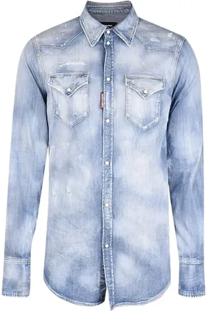 Dsquared2 Overhemden, Heren, Blauw, S, Denim, Blauw Denim Overhemd met Worn Effect en Drukknoopsluiting