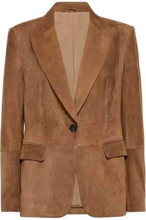 Brunello Cucinelli Jassen, Dames, Bruin, M, Suède, Single-Breasted Jasje