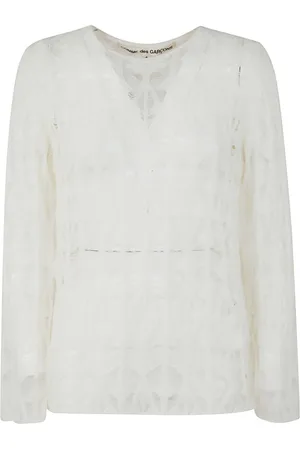 Comme des Garçons Truien, Dames, Wit, M, Nylon, Elegante V-hals Truien