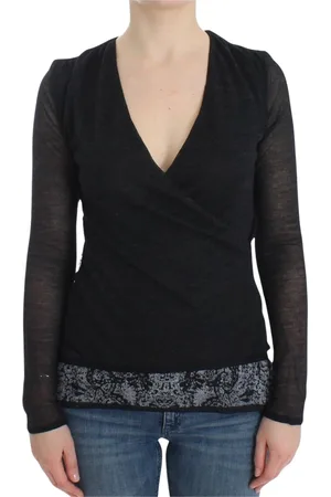 ERMANNO SCERVINO Truien, Dames, Zwart, M, Wol, Diepe V-hals Zwarte Wolmix Trui