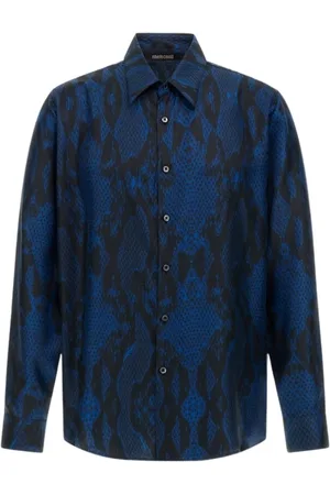 Roberto Cavalli Overhemden, Heren, Blauw, M, Donkerblauw Bedrukt Shirt Gemaakt in Italië