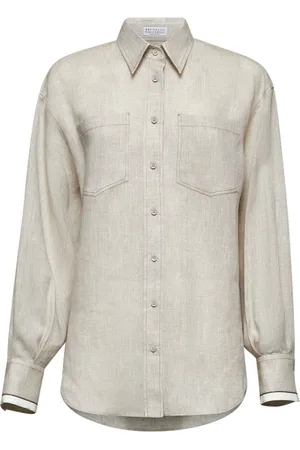 Brunello Cucinelli Blouses & Shirts, Dames, , M, Linnen, Elegante blouse met knopen en borduursel