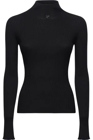 Courrèges Truien, Dames, Zwart, M, Katoen, Mockneck Trui Licht Rib
