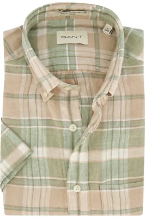 GANT Overhemden, Heren, Veelkleurig, 3Xl, Linnen, Casual Beige Overhemd met Korte Mouwen