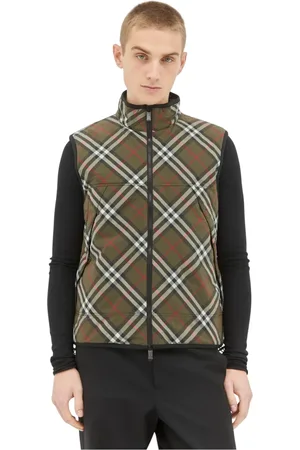 Burberry Jassen, Heren, Groen, S, Gevoerde Gilet met Ruitpatroon en Oversized Zakken