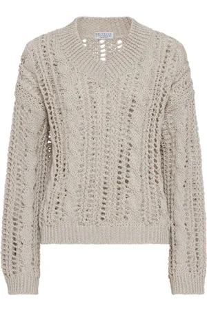 Brunello Cucinelli Truien, Dames, Grijs, L, Katoen, Geribbelde V-hals Trui