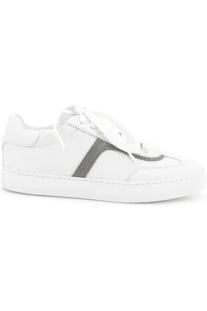 Brunello Cucinelli Schoenen, Dames, Wit, 36 EU, Witte Leren Sneakers met Monili Ketting