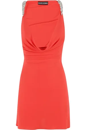 DAVID KOMA Kleedjes, Dames, Oranje, S, Polyester, Kristallen Klauw Detail Cowl Neck Mini Jurk