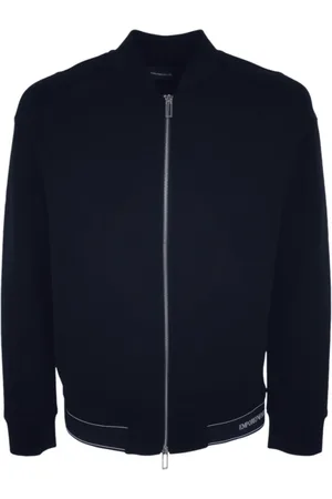 Emporio Armani Jassen, Heren, Blauw, M, Katoen, Blauwe Zip Hoodie met Logo aan de Voorkant