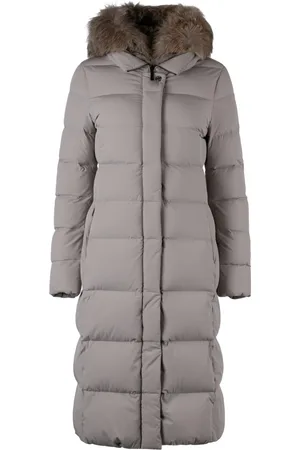 MOORER Mantels, Dames, Grijs, M, Polyester, Lange gewatteerde jas met afneembare bontkraag