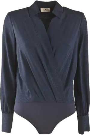 Elisabetta Franchi Tops, Dames, Blauw, M, Georgette Jacquard Blouse met Gekruiste Hals