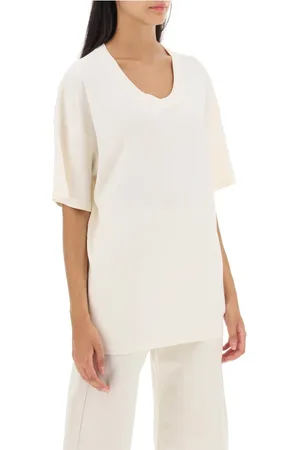 LEMAIRE Tops, Dames, Wit, XS, Katoen, Oversized katoenen T-shirt met micro-geribbelde ronde hals