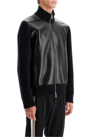 Salvatore Ferragamo Jassen, Heren, Zwart, L, Wol, Wollen cardigan met hoge kraag en leer
