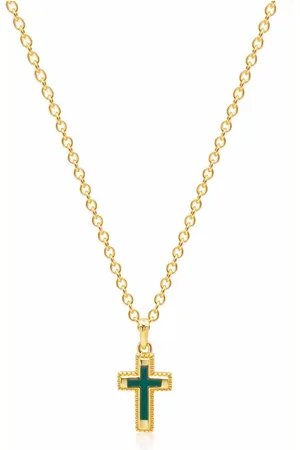 Nialaya Accessoires, Heren, Geel, M, Sterling Zilver Verguld Mini Kruis Ketting met Groen Emaille
