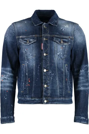 Dsquared2 Jassen, Heren, Blauw, 2Xl, Denim, Ripped Denim Jas met Verfspatten