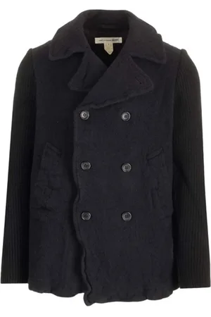 Comme des Garçons Jassen, Heren, Grijs, S, Katoen, Double-Breasted Jas met Gebreide Mouwen