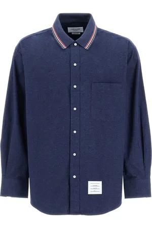 Thom Browne Overhemden, Heren, Blauw, L, Katoen, Oversized Flanellen Overhemd met Tricolore Band