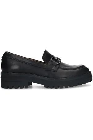 Manfield Schoenen, Dames, Zwart, 42 EU, Leer, Zwarte leren loafers met zilveren detail