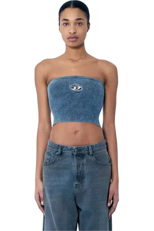 Diesel Tops, Dames, Blauw, L, Katoen, Rib Bustier met Logo Motief