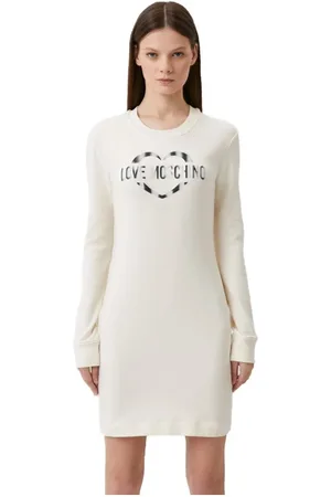 Moschino Kleedjes, Dames, Wit, S, Katoen, Elegante witte jurk van katoenmix met metallic logo