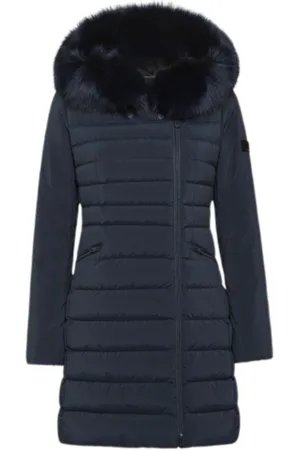 Peuterey Jassen, Dames, Blauw, S, Leer, Blauwe Bont Hoodie Jas met Vossenbont