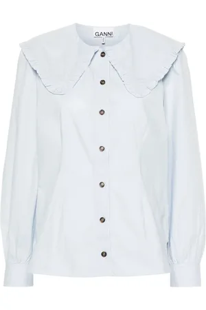 Ganni Blouses & Shirts, Dames, Wit, M, Katoen, Poplin blouse met ruches