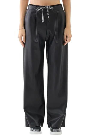 ERMANNO SCERVINO Broeken, Dames, Zwart, M, Polyester, Wijde Faux Leather Broek met Logo Trekkoord