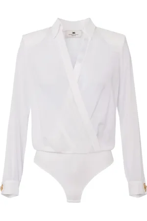 Elisabetta Franchi Tops, Dames, Wit, M, Polyester, Georgette Blouse met Gedrapeerde Voorkant