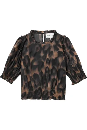Munthe Blouses & Shirts, Dames, Bruin, S, Cropped top met luipaardprint en smockdetails