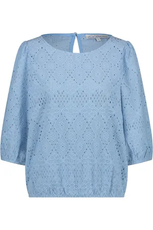 Red Button Blouses & Shirts, Dames, Blauw, S, Polyester, Blauwe Broderie Top met Ronde Hals