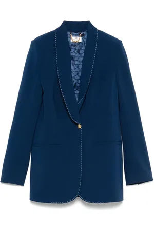 Elisabetta Franchi Jassen, Dames, Blauw, XS, Crêpe Jas met Contrasterende Topstiksels