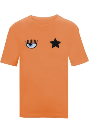 Chiara Ferragni Tops, Dames, Oranje, M, Katoen, Geborduurde T-shirt met Korte Mouwen