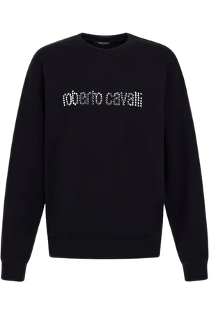 Roberto Cavalli Sweatshirts & Hoodies, Heren, Zwart, L, Katoen, Sweatshirt met logo en studs met ronde hals