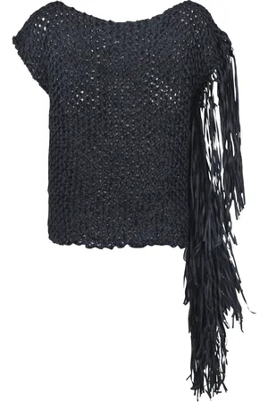 LIVIANA CONTI Blouses & Shirts, Dames, Zwart, L, Polyester, Gehaakte Top met Franjes