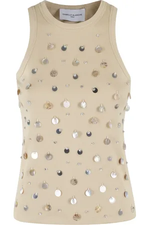 Isabelle Blanche Tops, Dames, , M, Katoen, Parel Applicatie Zand Tanktop