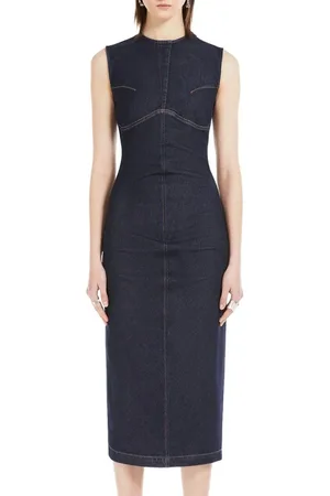 Sportmax Kleedjes, Dames, Blauw, M, Denim, Denim Midi Jurk met Metalen Rits