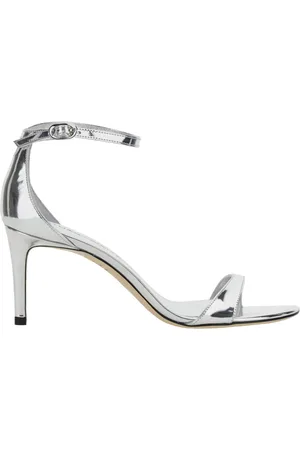 Stuart Weitzman Schoenen, Dames, Grijs, 37 1/2 EU, Leer, Metallic Block Heel Lakleren Sandalen