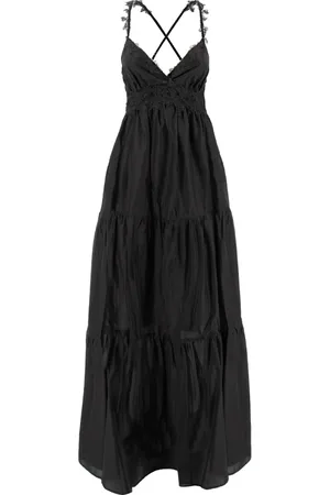 ERMANNO SCERVINO Kleedjes, Dames, Zwart, S, Lange jurk met bloemenkant en ruches