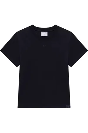 Courrèges Tops, Dames, Zwart, L, Katoen, Logo Geborduurd T-shirt met Ronde Hals