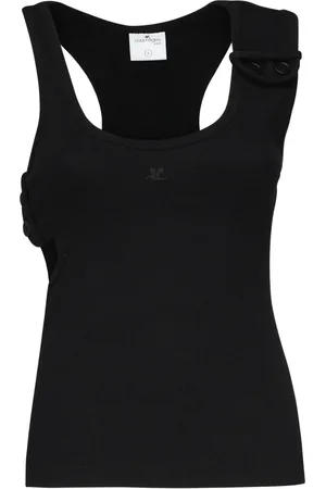 Courrèges Tops, Dames, Zwart, M, Katoen, Geribbelde Tanktop met Knoopdetail op de Schouder