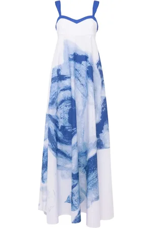 Blugirl Kleedjes, Dames, Blauw, S, Katoen, Bloemen Empire Cut Lange Jurk