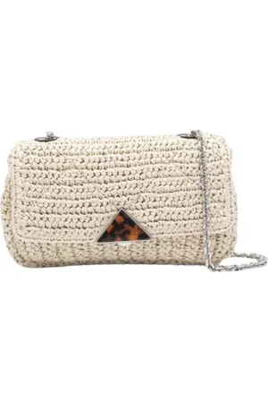 Emporio Armani Tassen, Dames, Wit, ONE Size, Leer, Stro Schoudertas met Magnetische Sluiting