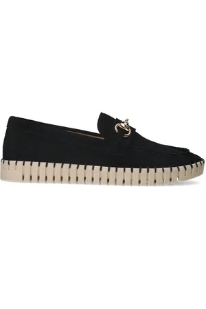 Manfield Schoenen, Dames, Zwart, 39 EU, Suède, Zwarte Suède Loafers met Gouden Detail