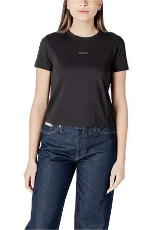 Calvin Klein Tops, Dames, Zwart, L, Katoen, Zwarte Katoenen T-shirt, Ronde Hals, Korte Mouw