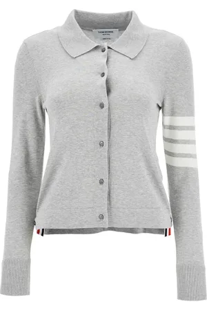 Thom Browne Truien, Dames, Grijs, S, Katoen, Lichtgrijze katoenen cardigan met iconische strepen