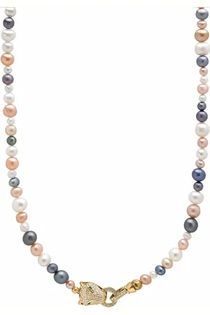 Nialaya Accessoires, Heren, Geel, S, Multi-Colored Parel Ketting met Goud Vergulde Panterkop Sluiting