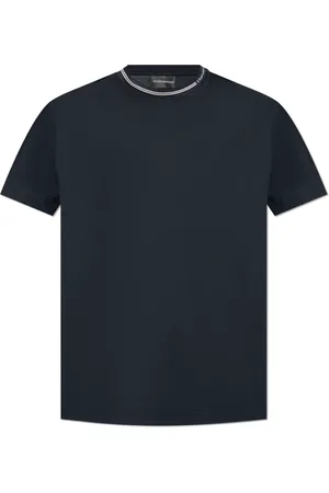 Emporio Armani Tops, Heren, Blauw, L, Katoen, T-shirt van jersey met lyocellmix en logo op de kraag